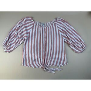 Coastal Boho Striped Tie Front Blouse Balloon Sleeve Medium Chenault